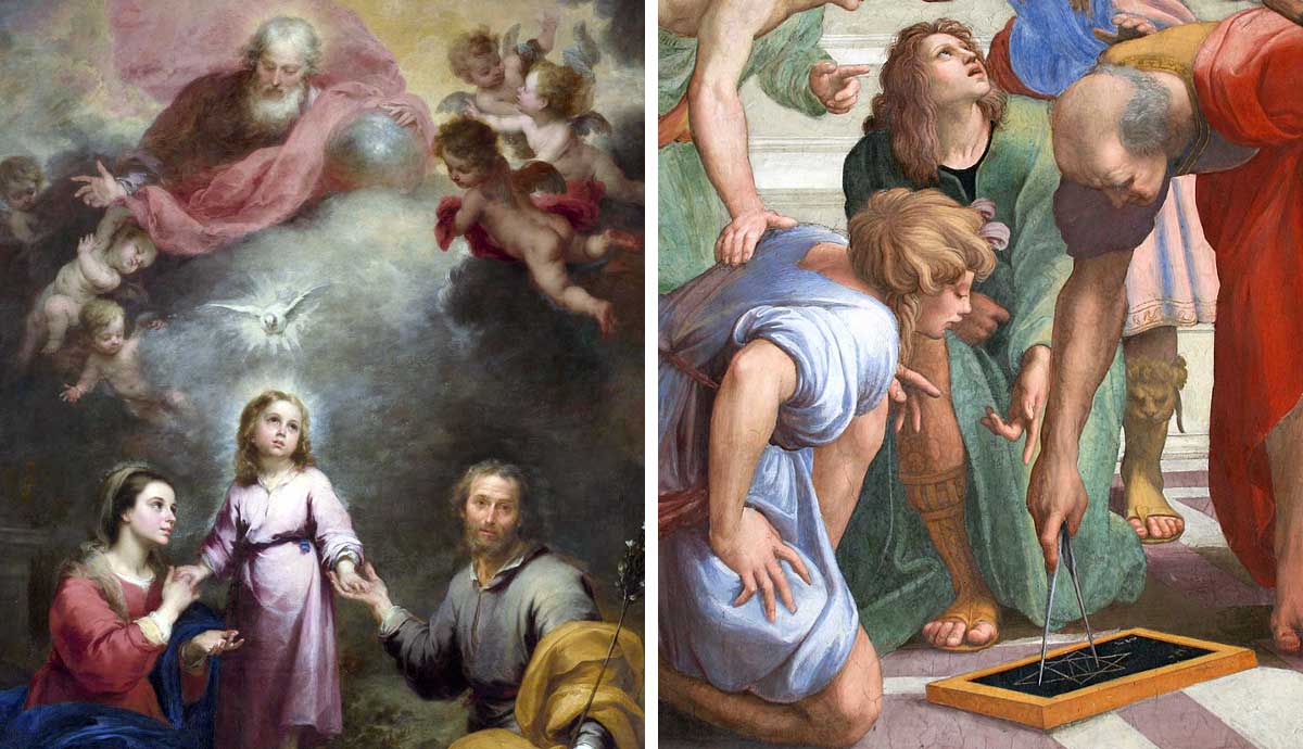 Murillo's Trinities beside Raphael's School of Athens detail