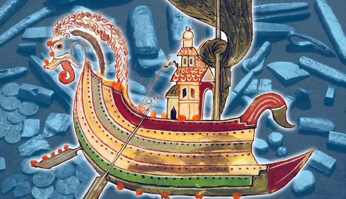 Norse longship illustration and ancient artifacts
