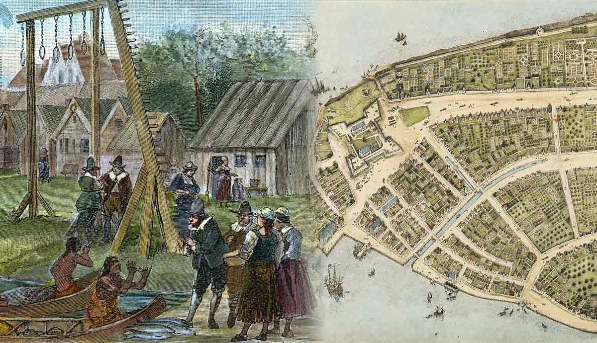 Dutch merchants trading with Native tribes in New Amsterdam with new amsterdam castello plan