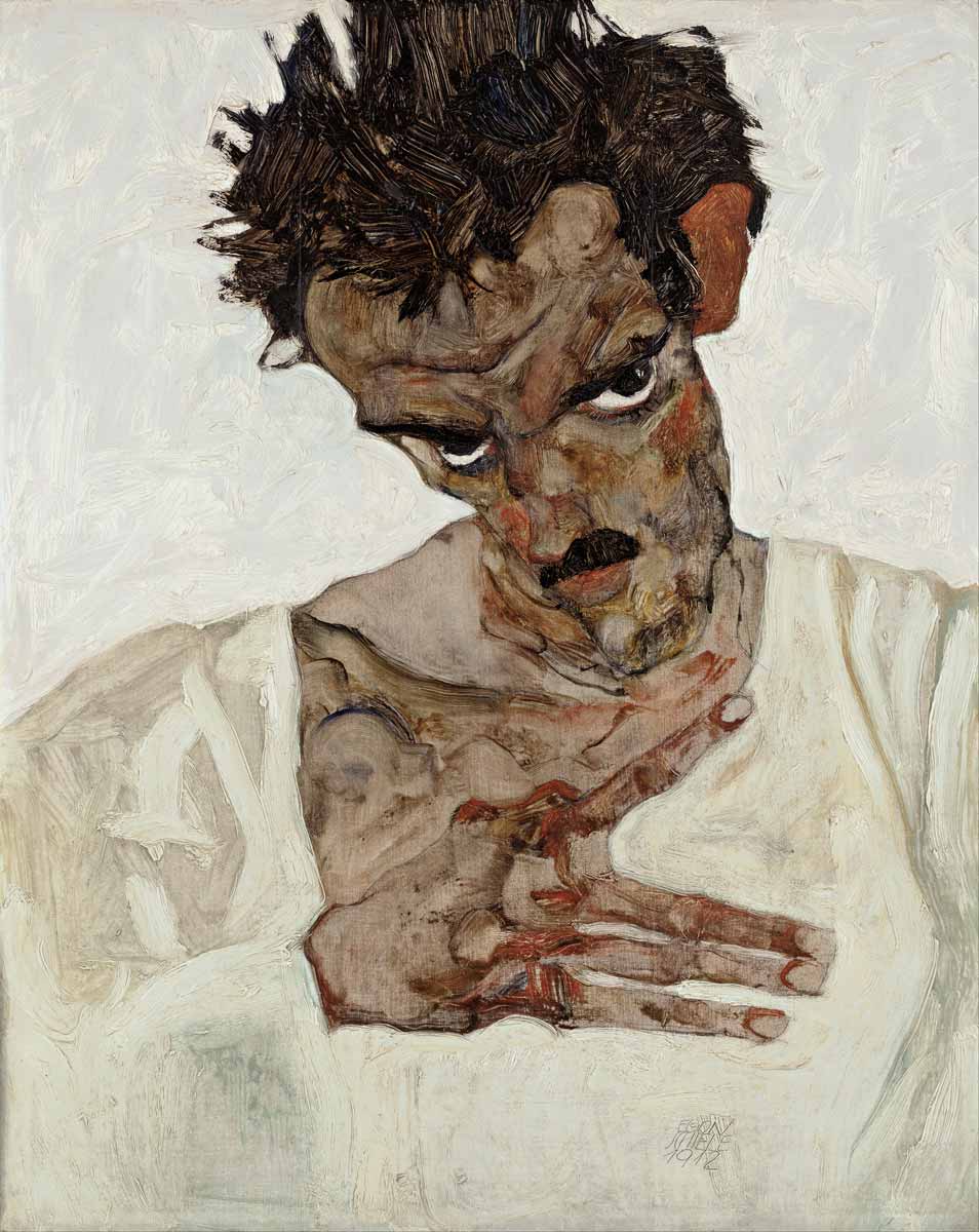 egon schiele self portrait with lowered head painting