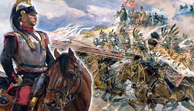 Painting of historical cavalrymen charging on horses