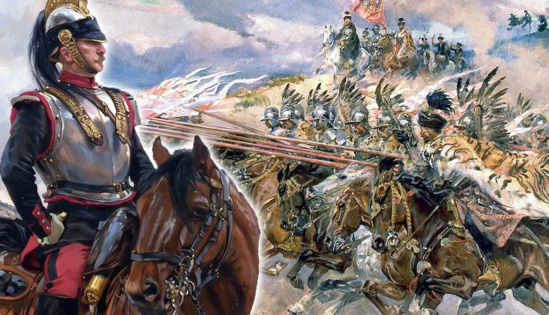 Painting of historical cavalrymen charging on horses