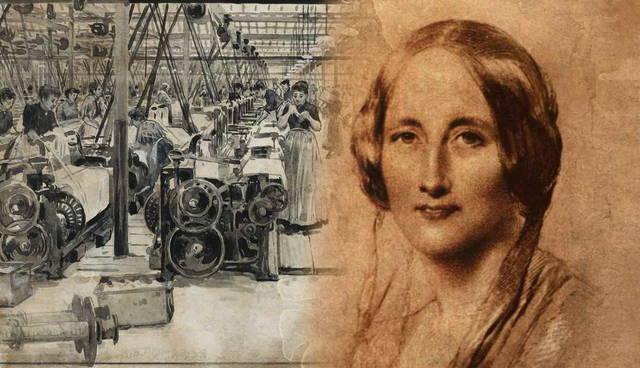Elizabeth Gaskell beside a weaving shed