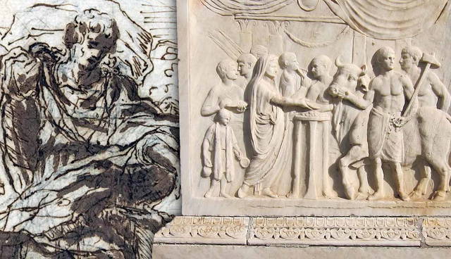 Sketch of Romulus receiving an augury and relief of Roman sacrifice