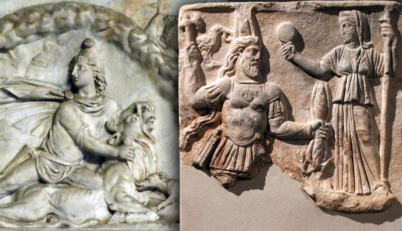 Ancient reliefs of Mithras and Jupiter Dolichenus