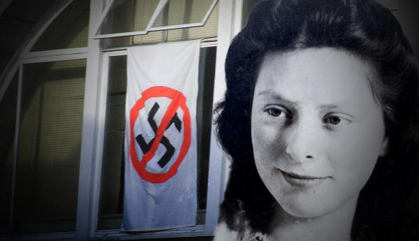 Freddie Oversteegen portrait with anti-nazi flag
