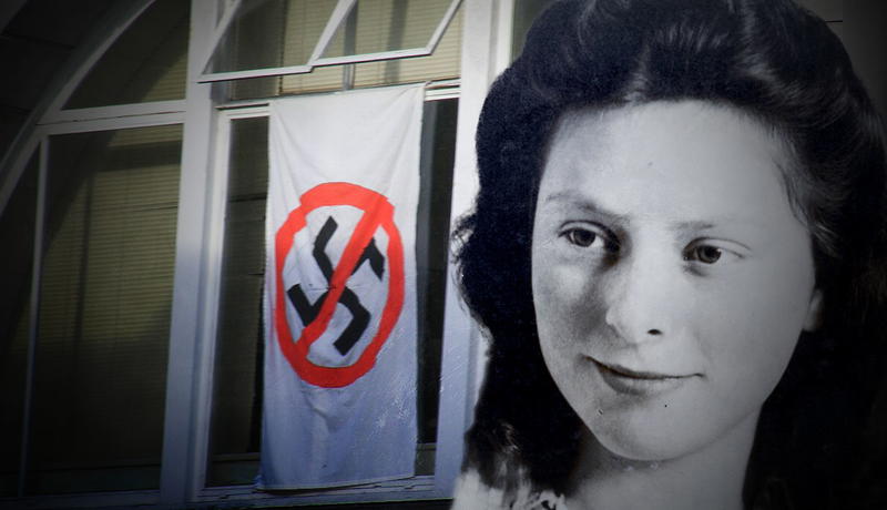 Freddie Oversteegen portrait with anti-nazi flag