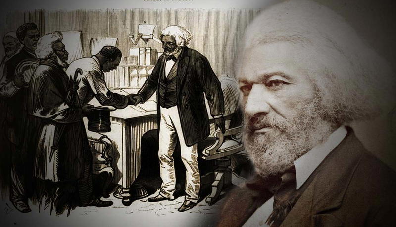 Portrait and illustration of Frederick Douglass