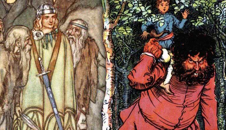 Illustration of Finn McCool with Blunderbore carrying Jack the Giant Killer