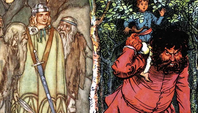 Illustration of Finn McCool with Blunderbore carrying Jack the Giant Killer