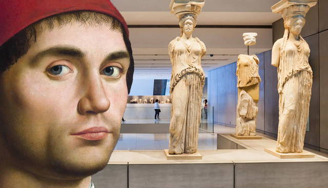 Renaissance portrait before ancient Greek Caryatids