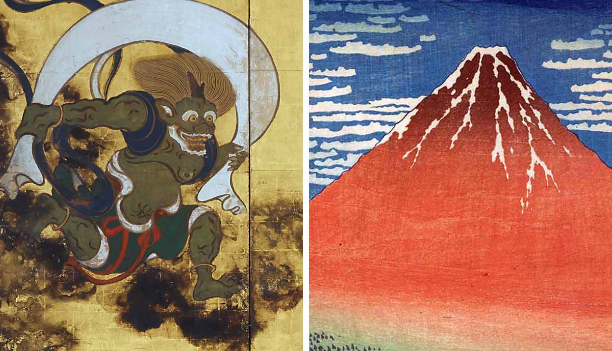 wind and thunder god screen with red fuji painting