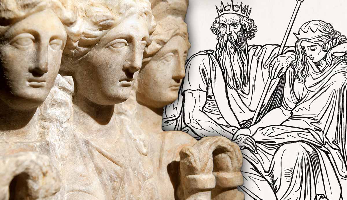 Ancient Greek statues and mythological line drawing