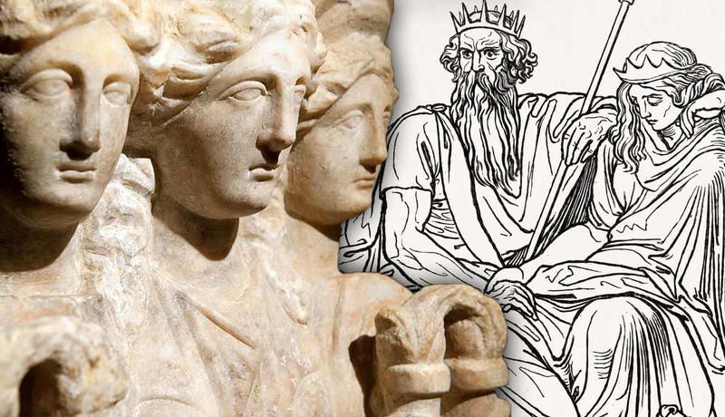 Ancient Greek statues and mythological line drawing
