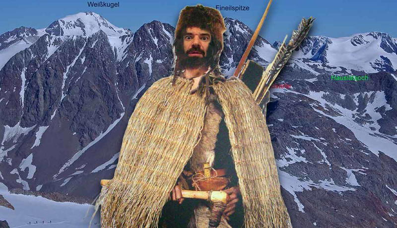 Reconstruction of Ötzi the Iceman with ozti iceman findspot