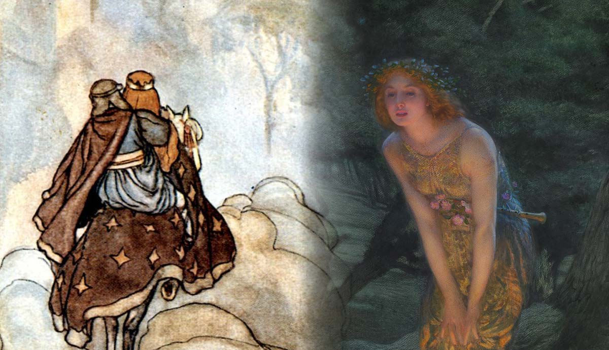 Medieval knight riding and mythical female figure