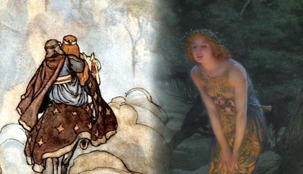 Medieval knight riding and mythical female figure