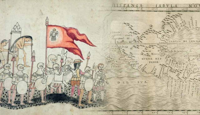 Codex Azcatitlan illustration overlaid with New Spain map