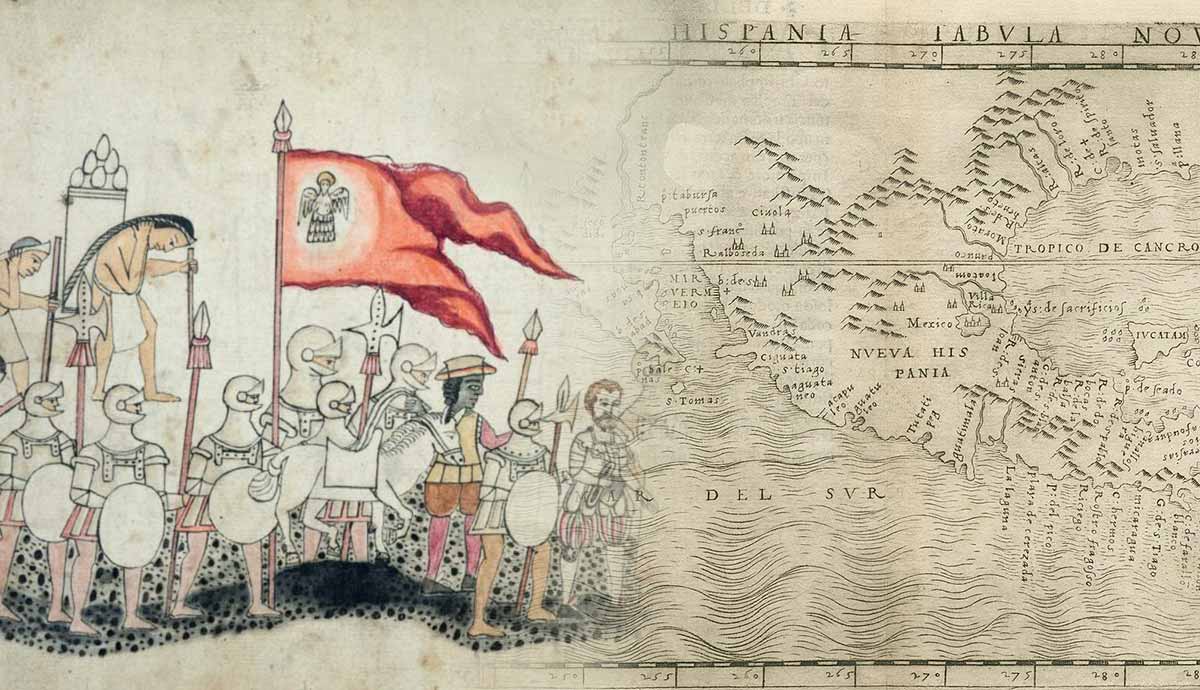 Codex Azcatitlan illustration overlaid with New Spain map