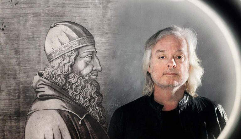 An engraving of Aristotle with A Photo of David Chalmers