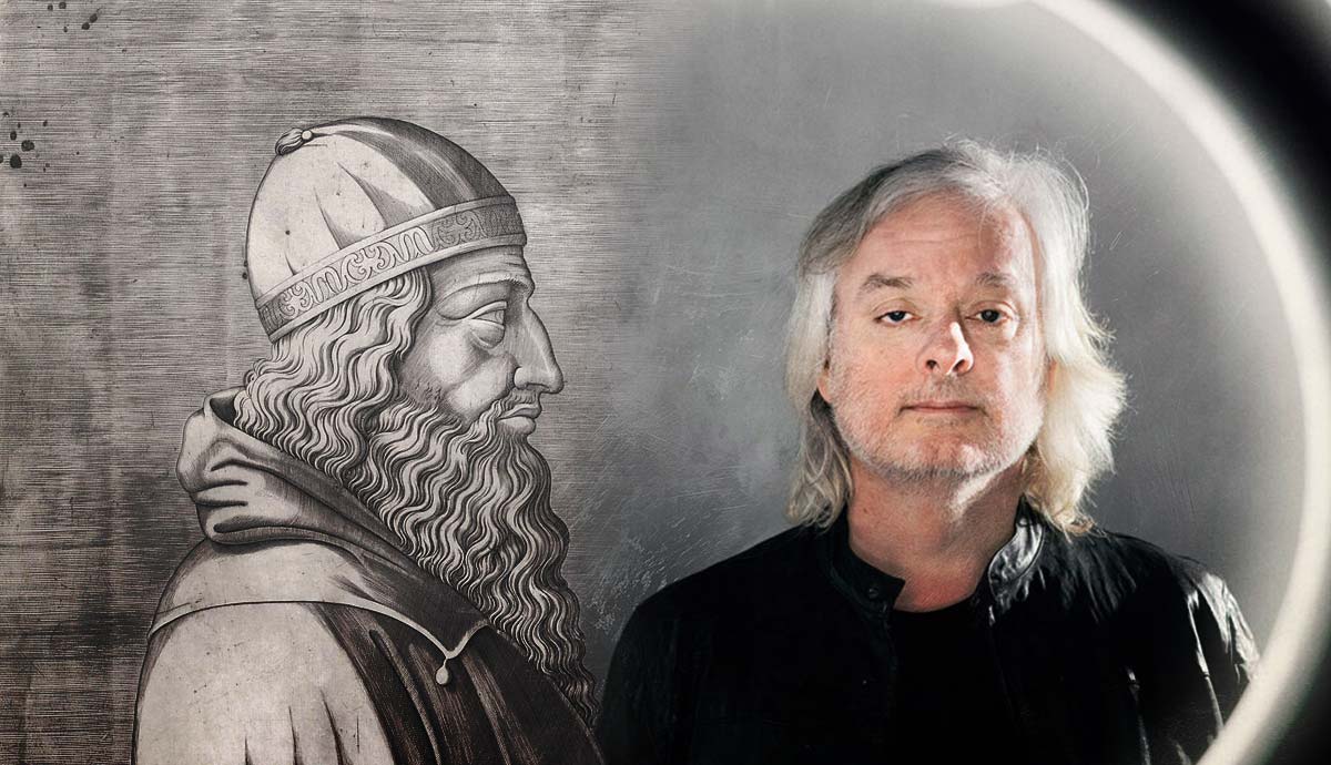An engraving of Aristotle with A Photo of David Chalmers