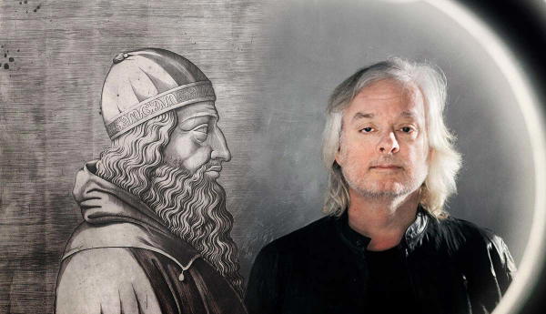 An engraving of Aristotle with A Photo of David Chalmers