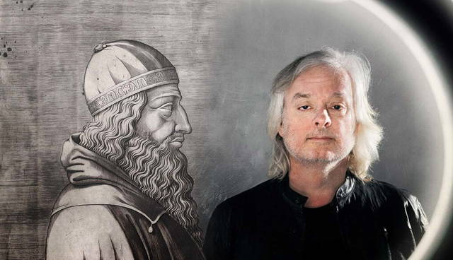 An engraving of Aristotle with A Photo of David Chalmers