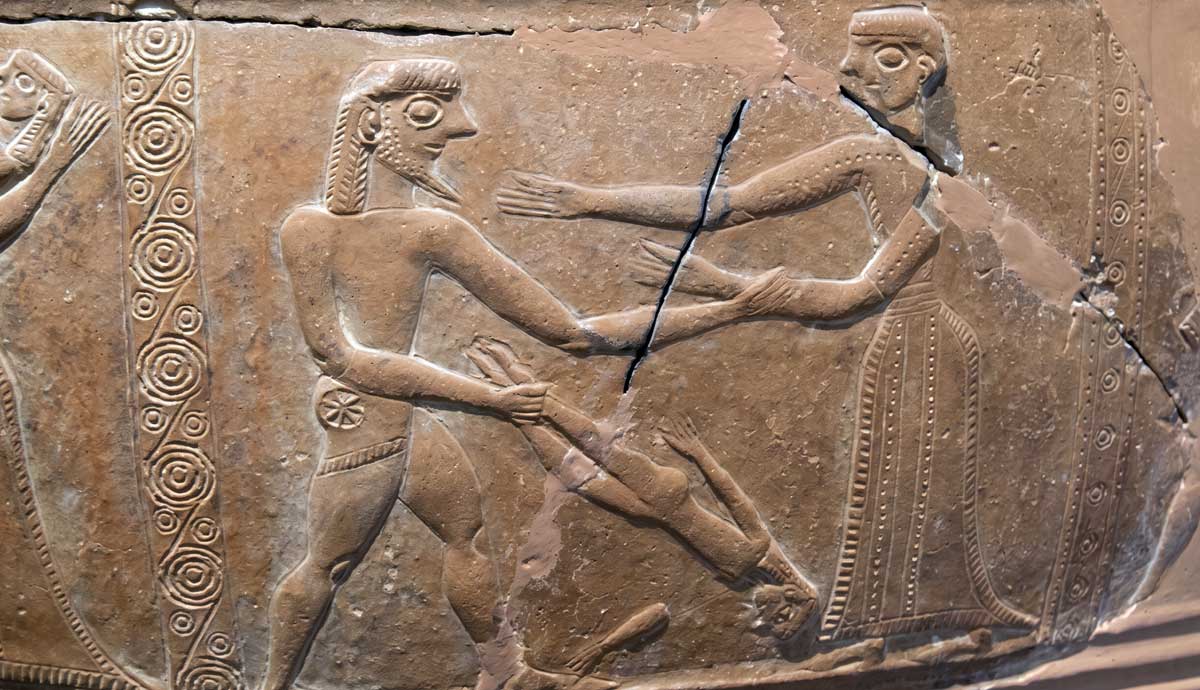 Detail of Warrior killing Child (possibly Neoptolemus killing Astyanax), from Mykonos Vase