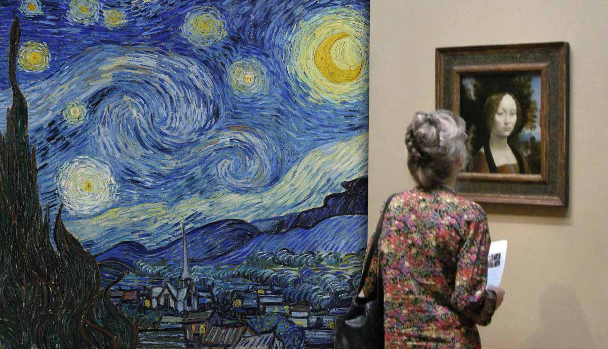 The Starry Night and Woman looking at paintings in gallery