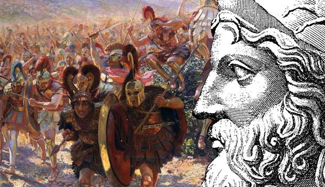 Greek soldiers in battle beside general