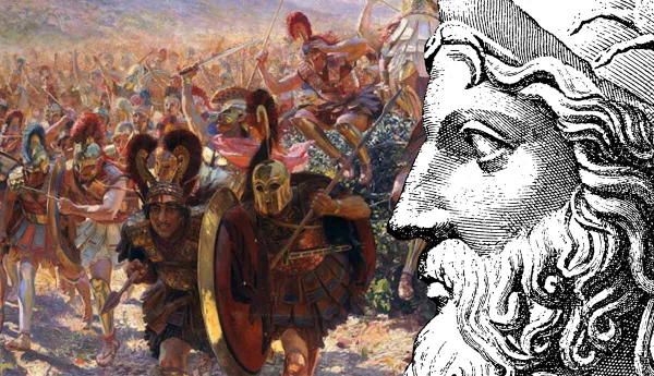 Greek soldiers in battle beside general