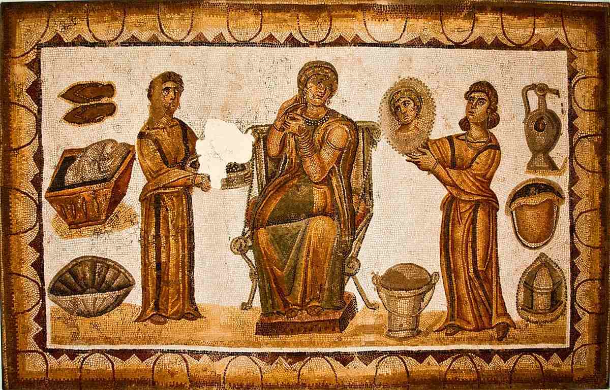 4th-century Roman mosaic of a woman at her toilette with maidservants