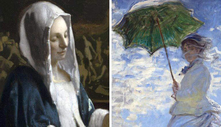 johannes vermeer woman holding balance with claude monet woman with parasol