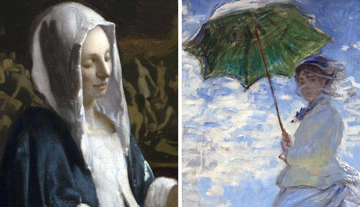 johannes vermeer woman holding balance with claude monet woman with parasol