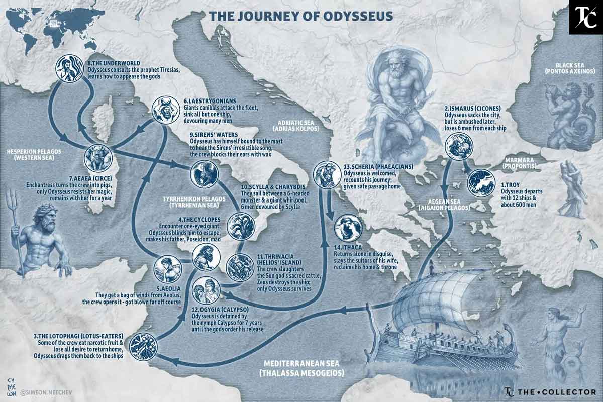odysseus journey homer odyssey map large
