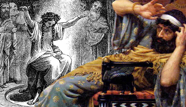 Ancient oracle and seated king illustrations