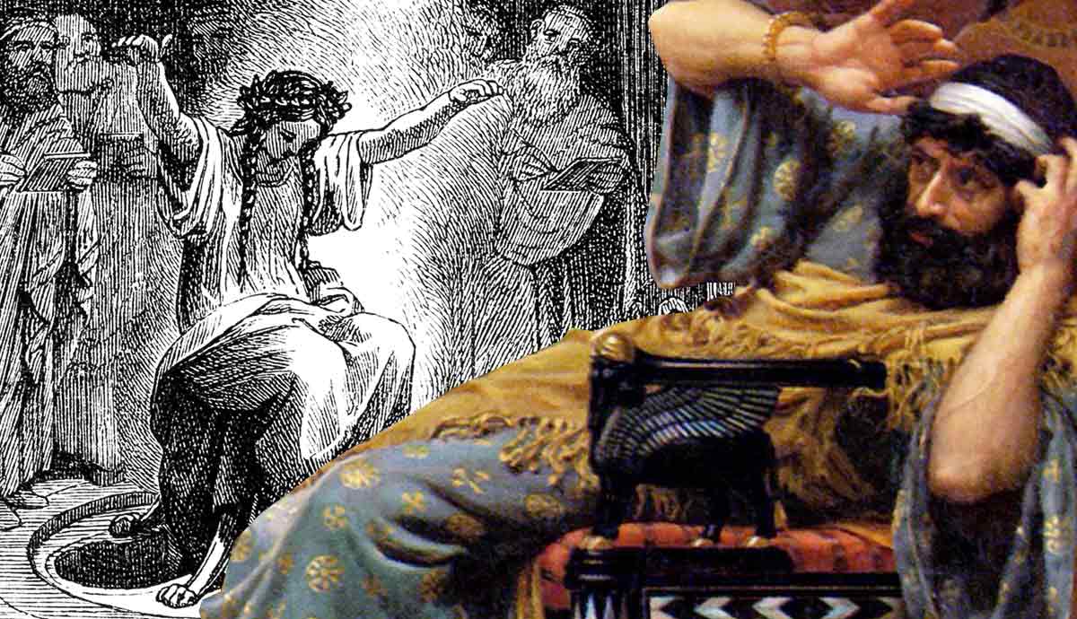 Ancient oracle and seated king illustrations