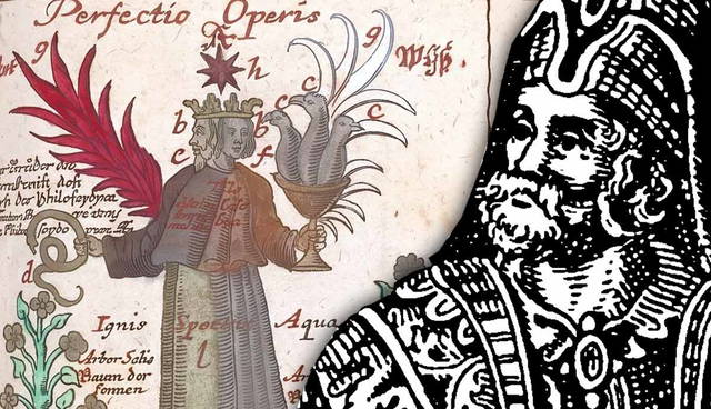 Alchemical manuscript text beside woodcut portrait illustration