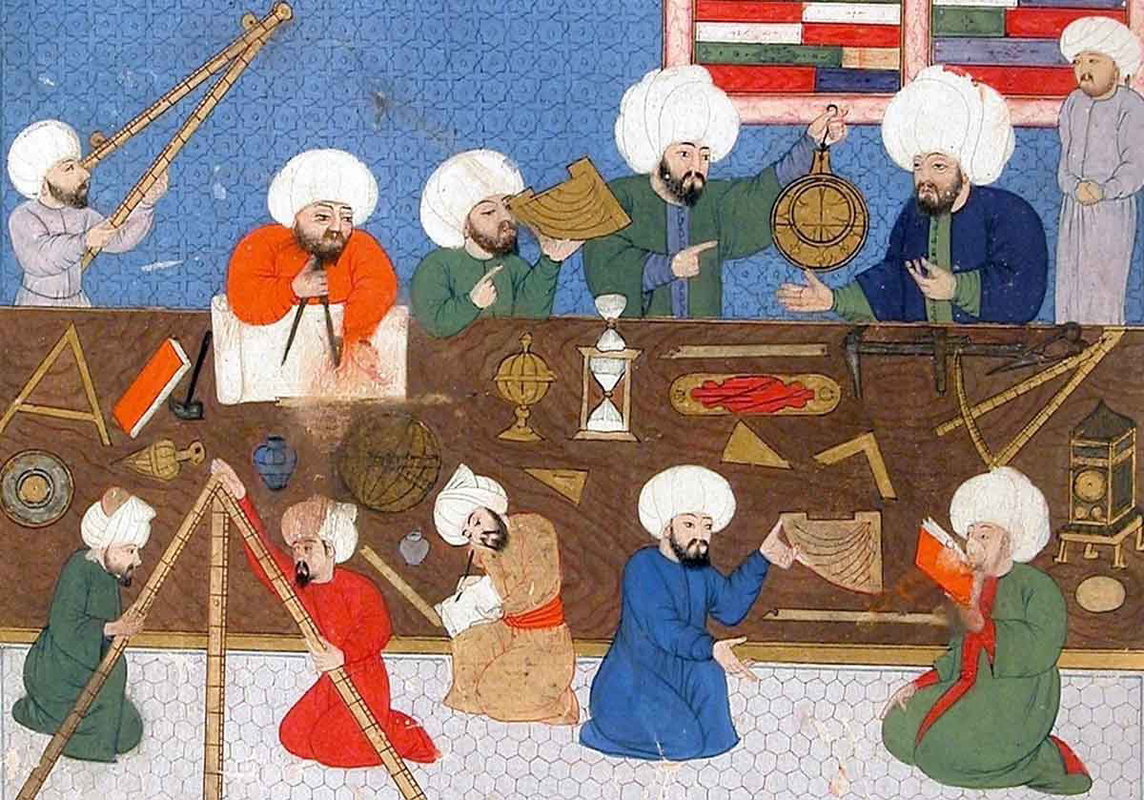 ottoman astronomers working around table with instruments
