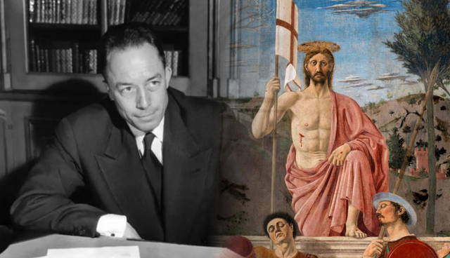 Albert Camus next to a religious painting