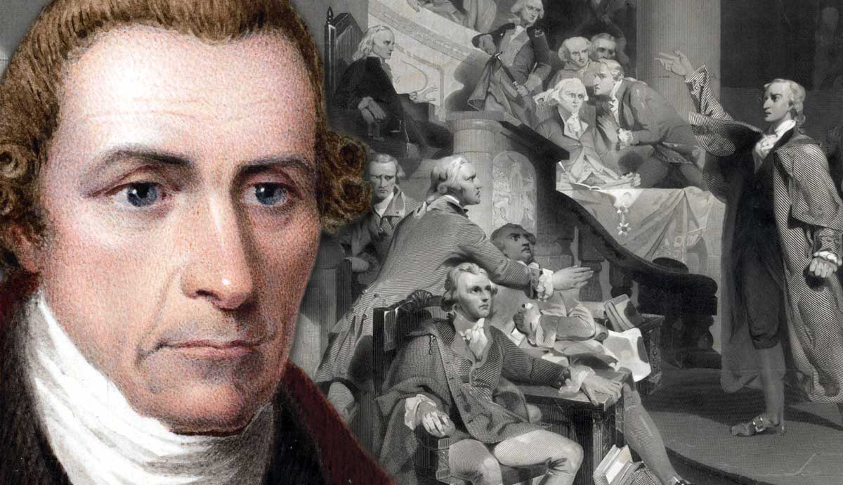 patrick henry Portrait and historical meeting scene illustration