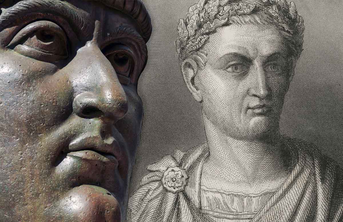 Portraits of Emperor Constantine the Great , with a close-up detail from a colossal bronze statue and an engraving portrait.