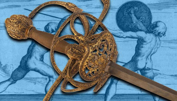 Ornate sword over a blue duel sketch