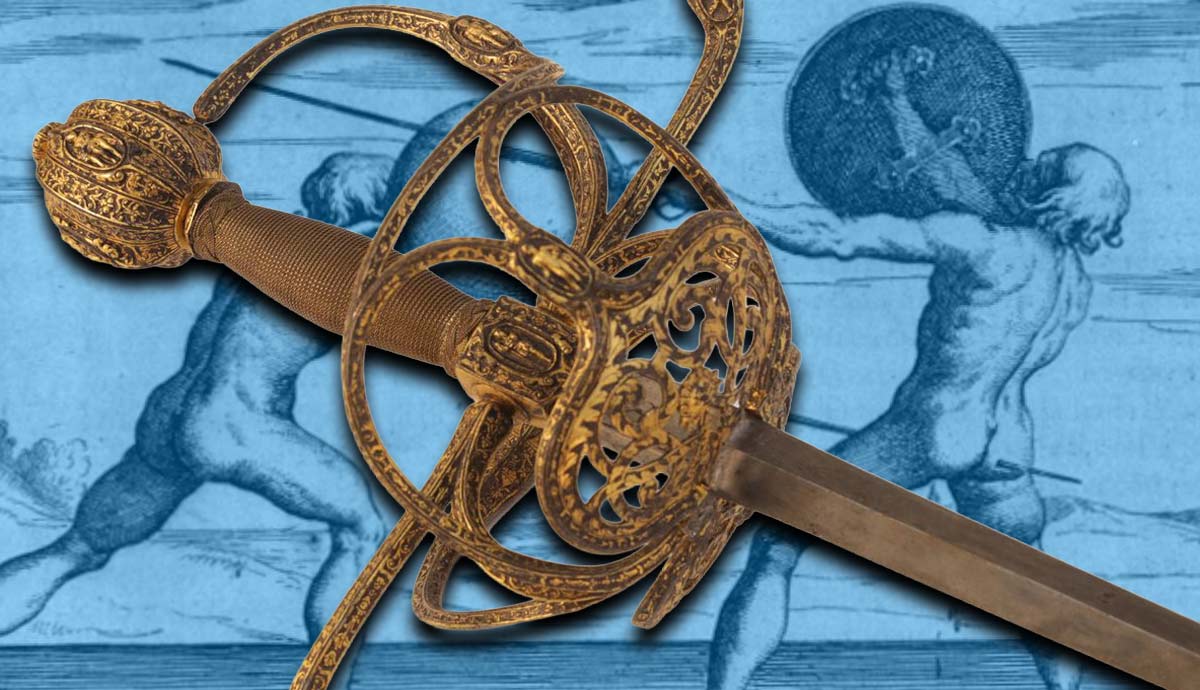 Ornate sword over a blue duel sketch