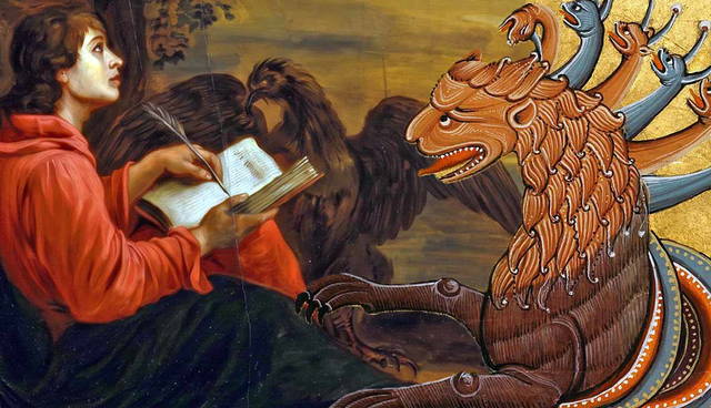 St. John writing with multi-headed beast