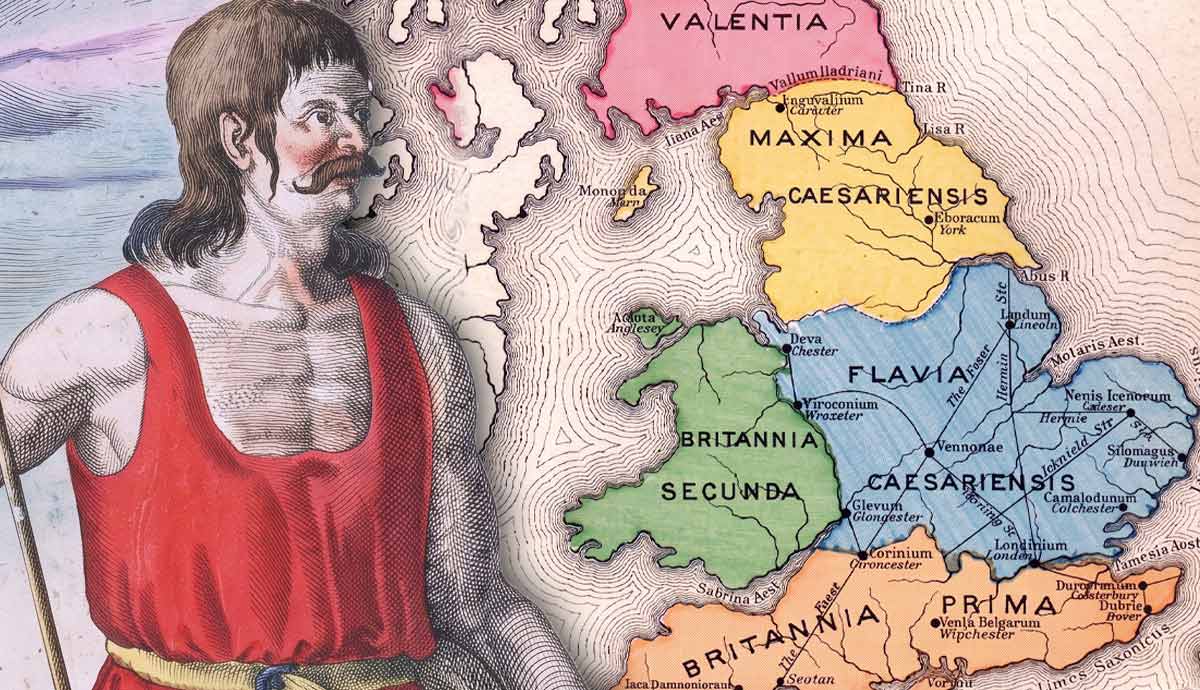 Man portrait and Roman Britain map