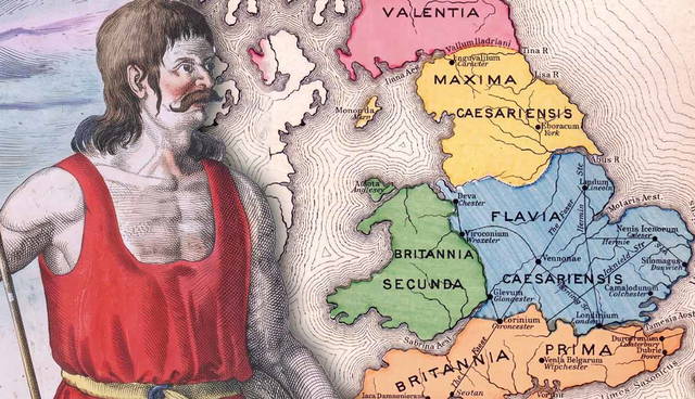 Man portrait and Roman Britain map
