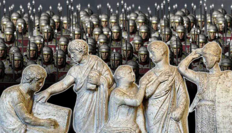 Roman statues before a legionary army