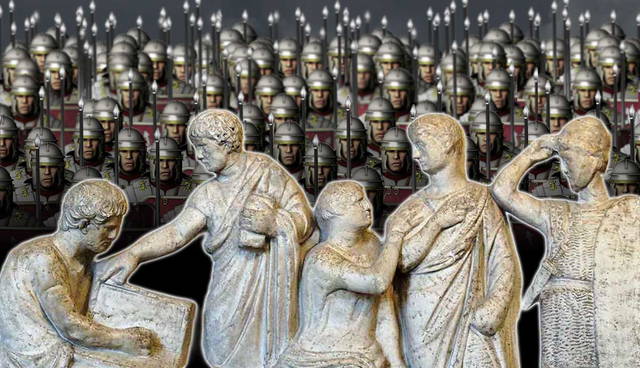 Roman statues before a legionary army