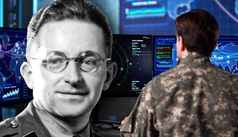 Marian Rejewski portrait overlaid on a modern command center